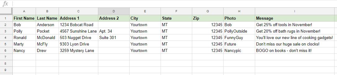 Data in spreadsheet